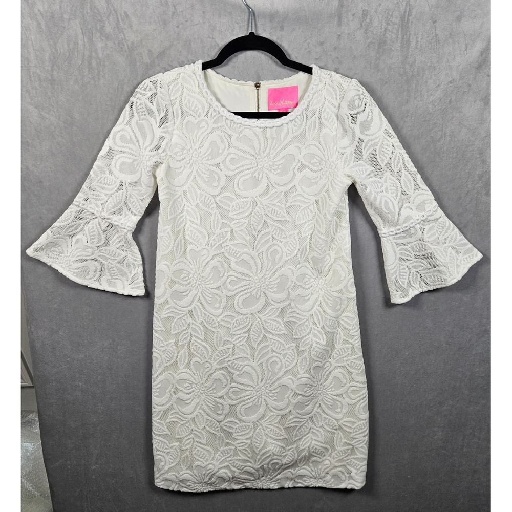Lilly Pulitzer Lace Shift Dress Womens XS White Bell Sleeve Floral Easter Bridal
